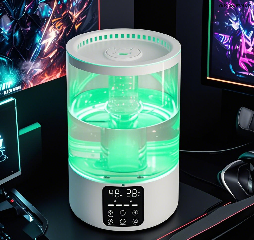 Humidificador moderno transparente con nivel de agua visible y niebla